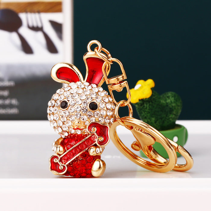 Jeweled Ruyi Rabbit Keychains in Five Colors with Plain Braided and Fortune Loops
