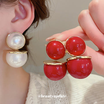 Gold Tone Double Disc Stud Earrings in Red and White