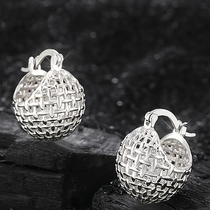 Woven Ball Clip Hoop Earrings Gold Or Silver Two Colors