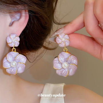 Lavender Flower Drop Earrings with Pearly Petals and Round Centers