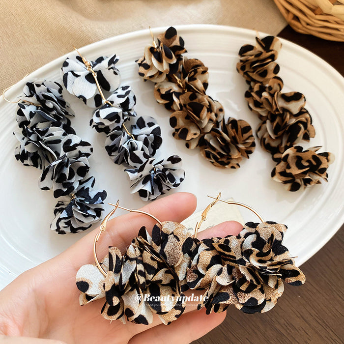 Leopard Print Fabric Flower Statement Hoop Earrings