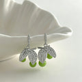 Silver Tone Crystal Leaf and Green Cherry Drop Earrings view 3