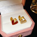 Red Enamel and Crystal Double Heart Huggie Earrings view 6