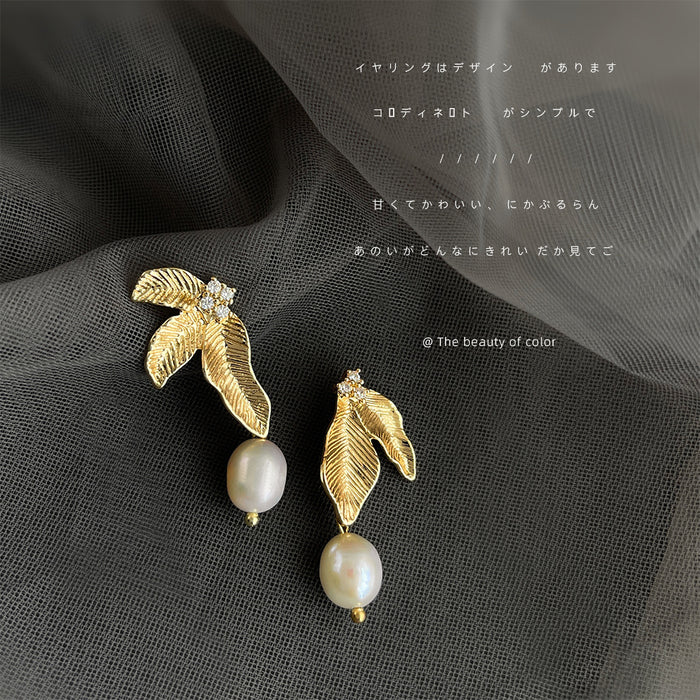 Gold Leaf Pearl Drop Earrings Crystal Accent Stud Pair