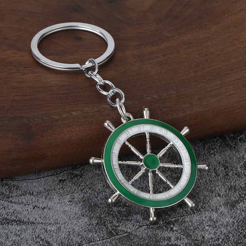 Nautical Anchor and Ship Wheel Metal Keychain with Blue White Charms