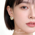 Gold Heart Stud Earrings White Shell Tulip CZ Accent view 2