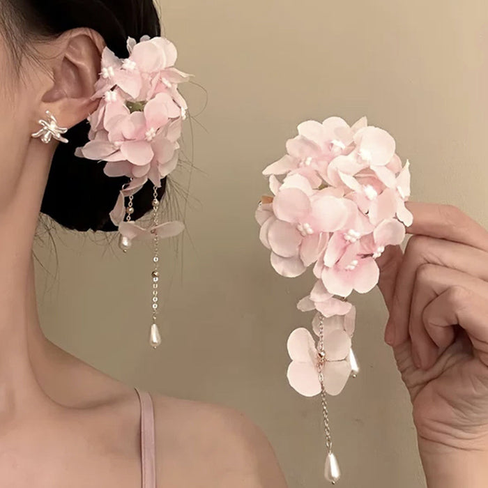 Pink Fabric Hydrangea Pearl Tassel Duckbill Hair Clip