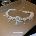 White Pearl Crystal Flower Choker Necklace Dangle Pearls view 2