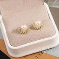White Pearl Look Gold Lace Halo Small Stud Earrings view 4