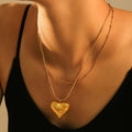 Gold Steel Quilted Heart Pendant Necklace Satellite Chain view 3