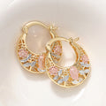 Pink Floral Openwork Hoop Earrings In Polished Gold Tone view 3