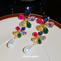 Multicolor Crystal Floral Drop Earrings with Pearl Teardrops view 3
