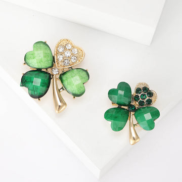Green Four Leaf Clover Brooch Rhinestone Gold Tone Pin
