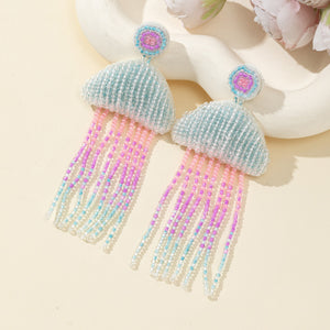 Blue Beaded Jellyfish Drop Earrings With Pastel Fringe Tassels
