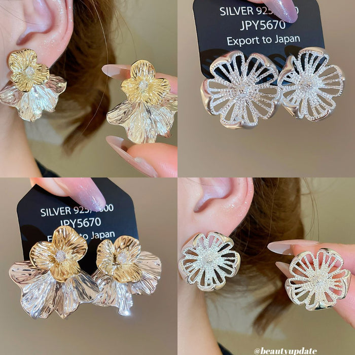 White Openwork Flower and Crystal Cluster Stud Earrings