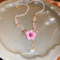 Pink Fabric Flower Crystal Bead Pearl Drop Necklace view 1