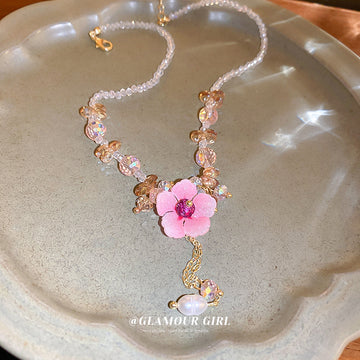 Pink Fabric Flower Crystal Bead Pearl Drop Necklace