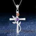 Silver Cross Rose Vine Pendant Necklace Purple Blue Clear view 1