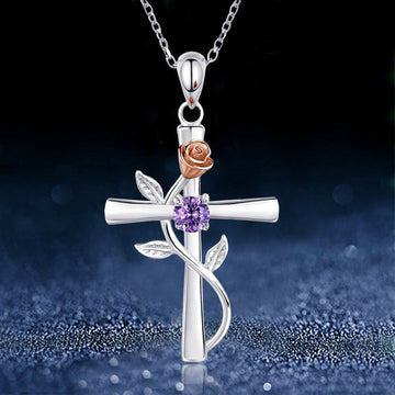 Silver Cross Rose Vine Pendant Necklace Purple Blue Clear