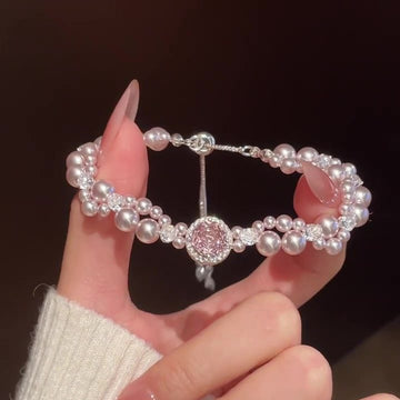 Pink Double Strand Faux Pearl And Crystal Bracelet