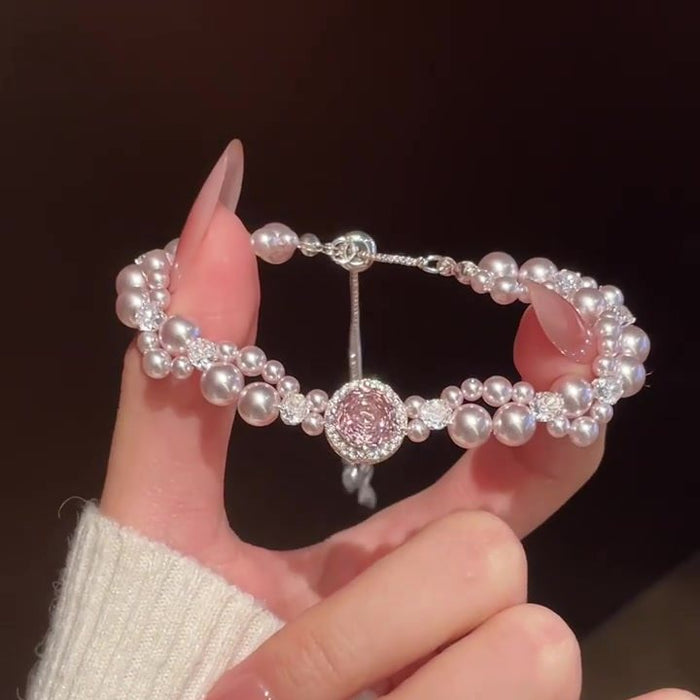 Pink Double Strand Faux Pearl And Crystal Bracelet