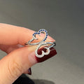 Silver Tone Double Heart Crystal Open Ring with Polished Finish view 2