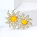 Gold Dual Flower Brooch Yellow Cabochon Centers Clear Crystals view 2