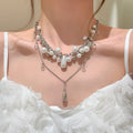 Silver Tone Layered Pearl and Teardrop Statement Necklace view 3