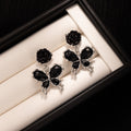 Black Rose and Butterfly Silver Tone Dangle Stud Earrings view 2