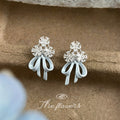 Silver Zircon Flower Cluster Light Blue Bow Drop Earrings view 1