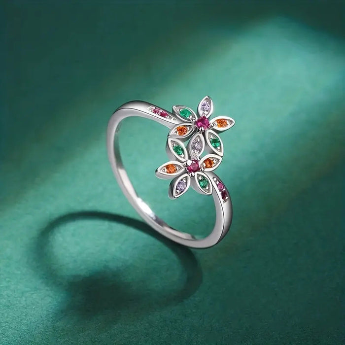 Silver Tone Multicolor Flower Ring Openwork Leaf Petals