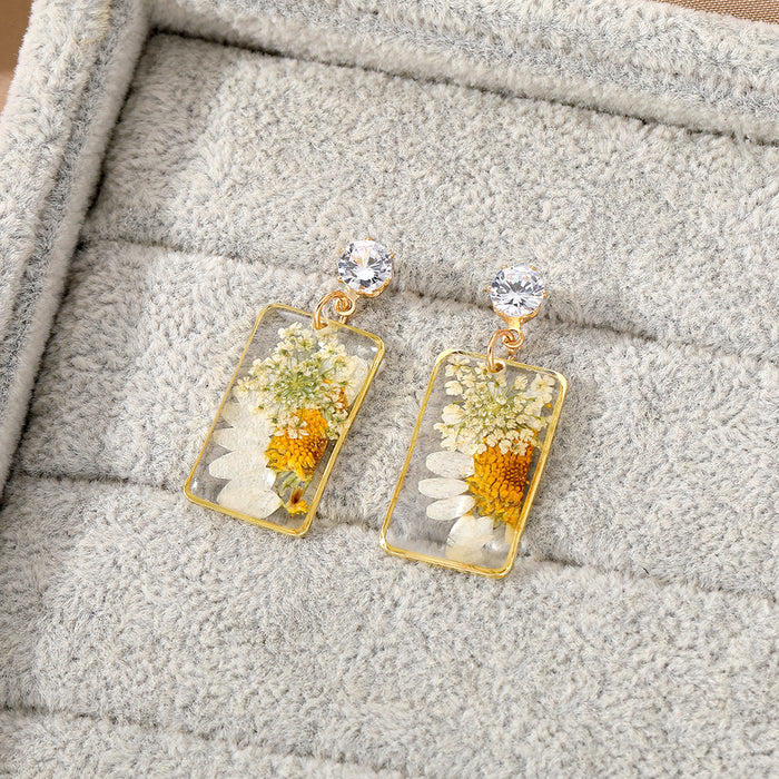 Gold Tone Rectangular Pressed Daisy Resin Stud Drop Earrings