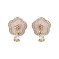 Gold Tone Pink Flower Clear Teardrop Stud Earrings For Women view 5