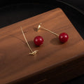 Red Ball Gold Tone Straight Bar Extra Long Stud Earrings view 4