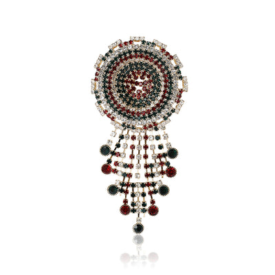Front view of the round crystal medallion fringe brooch in multicolor gold brooch and its color options