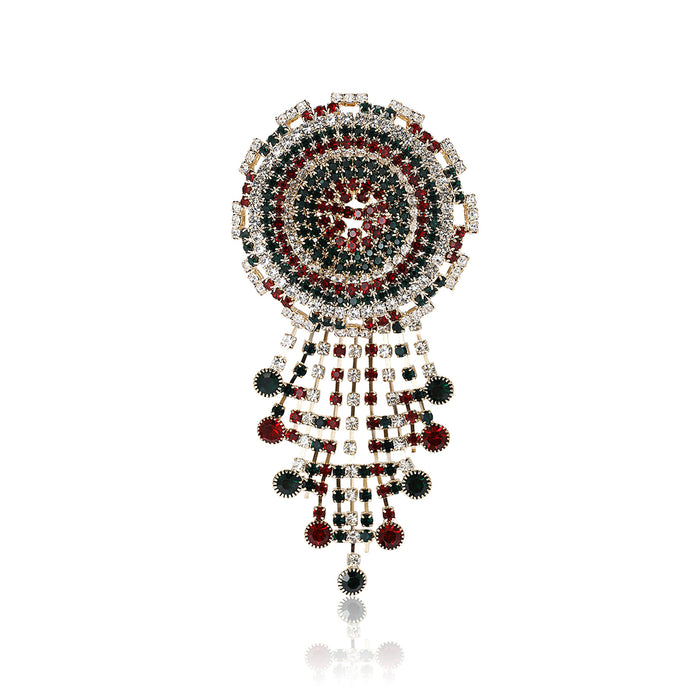 Round Crystal Medallion Fringe Brooch in Multicolor Gold