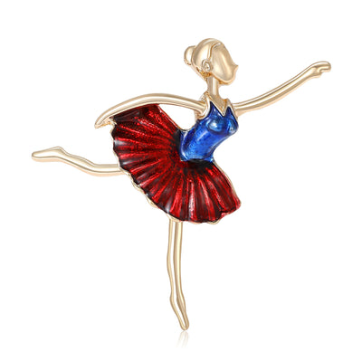 Gold ballerina enamel brooch red skirt blue bodice front view