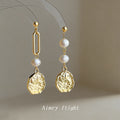 Gold Asymmetric Pearl Paperclip Disc Drop Earrings view 1
