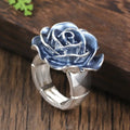Silver Tone Blue Enamel Rose Flower Ring Sizes 6-10 view 3