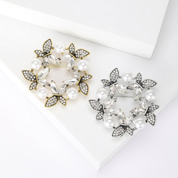 Floral Wreath Brooch with Faux Pearls and Crystal Leaves