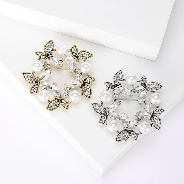 Floral Wreath Brooch with Faux Pearls and Crystal Leaves