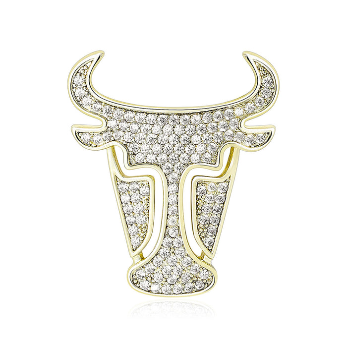 Gold Tone Bull Head Outline Brooch Covered With Clear Crystals