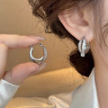 Double-Hoop Baguette Clear Stone Hinged Earrings In Silver Tone view 3