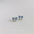 Silver Tone Blue Ribbon Bow Stud Earrings With Sculpted Loops view 3