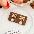Pink Bow Pearl Look Ball Dangle Stud and Clip Earrings view 2