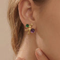 Abstract Stud Earrings Green Purple Cabochons Metal view 1