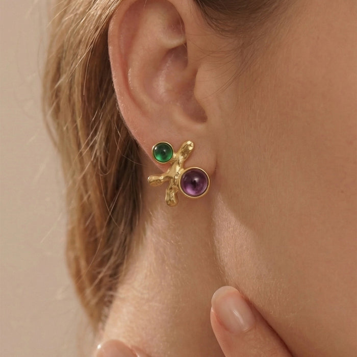 Abstract Stud Earrings Green Purple Cabochons Metal