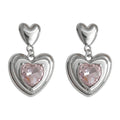 Silver Pink Glass Crystal Heart Drop Earrings Double Heart view 5