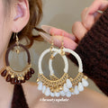 Thread Wrapped Hoop Beaded Fringe Hook Earrings Statement Pair view 3