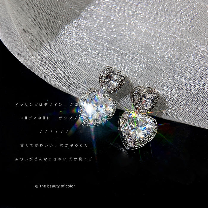Silver Double Heart Halo Drop Stud Earrings Clear Zircon Stones
